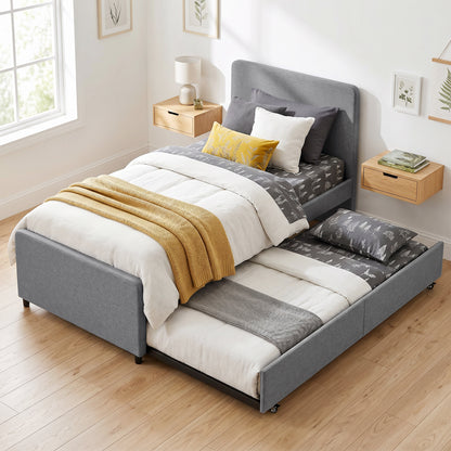 3ft Single Bed Frame with Trundle, Upholstered Pull Out Trundle Bed with Headboard and Footboard, Dark Grey