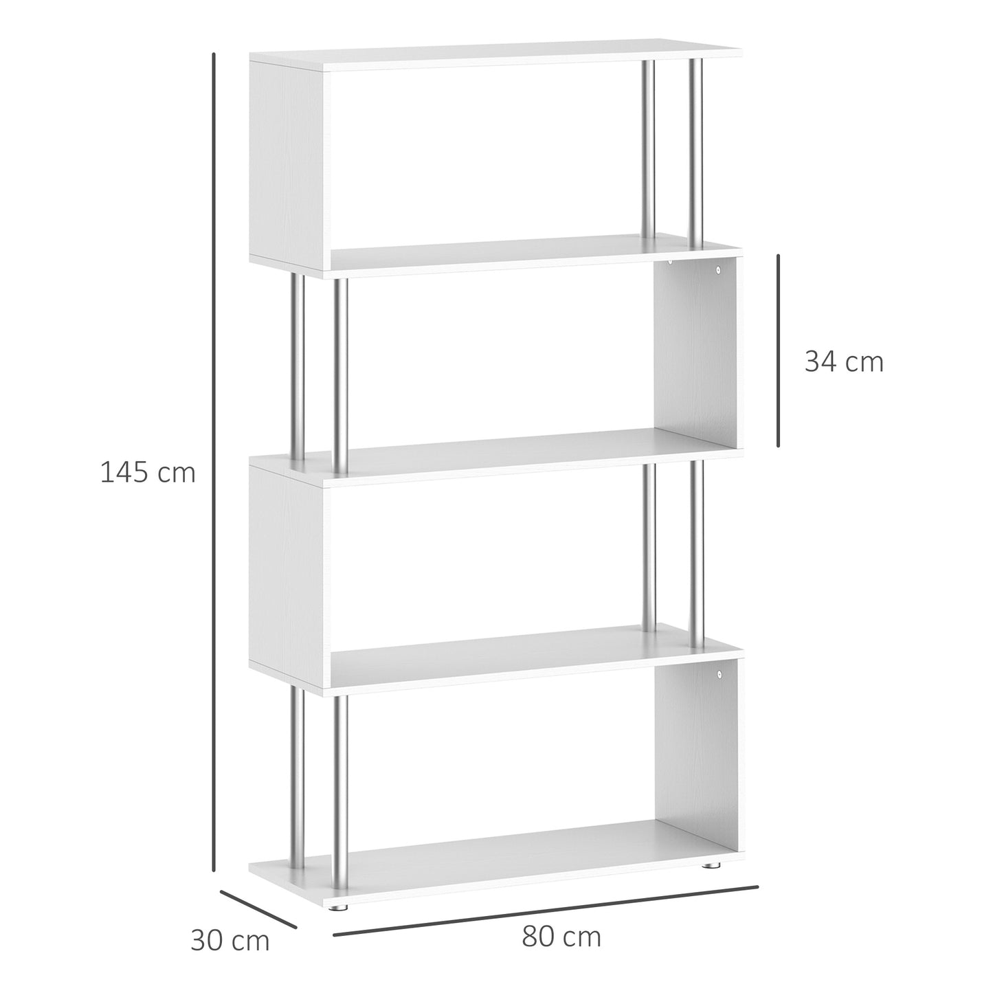 S Shape Bookcase, 5 Tiers Bookshelf, Modern Freestanding Storage Shelf for Home Office, Study, Living Room, 80 x 30 x 145cm