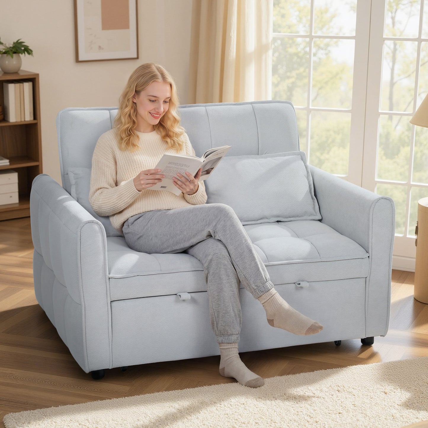 2 Seater Sofa Bed, 3-in-1 Convertible Sleeper Sofa with Click-clack Adjustable Backrest and 2 Pillows, Light Grey