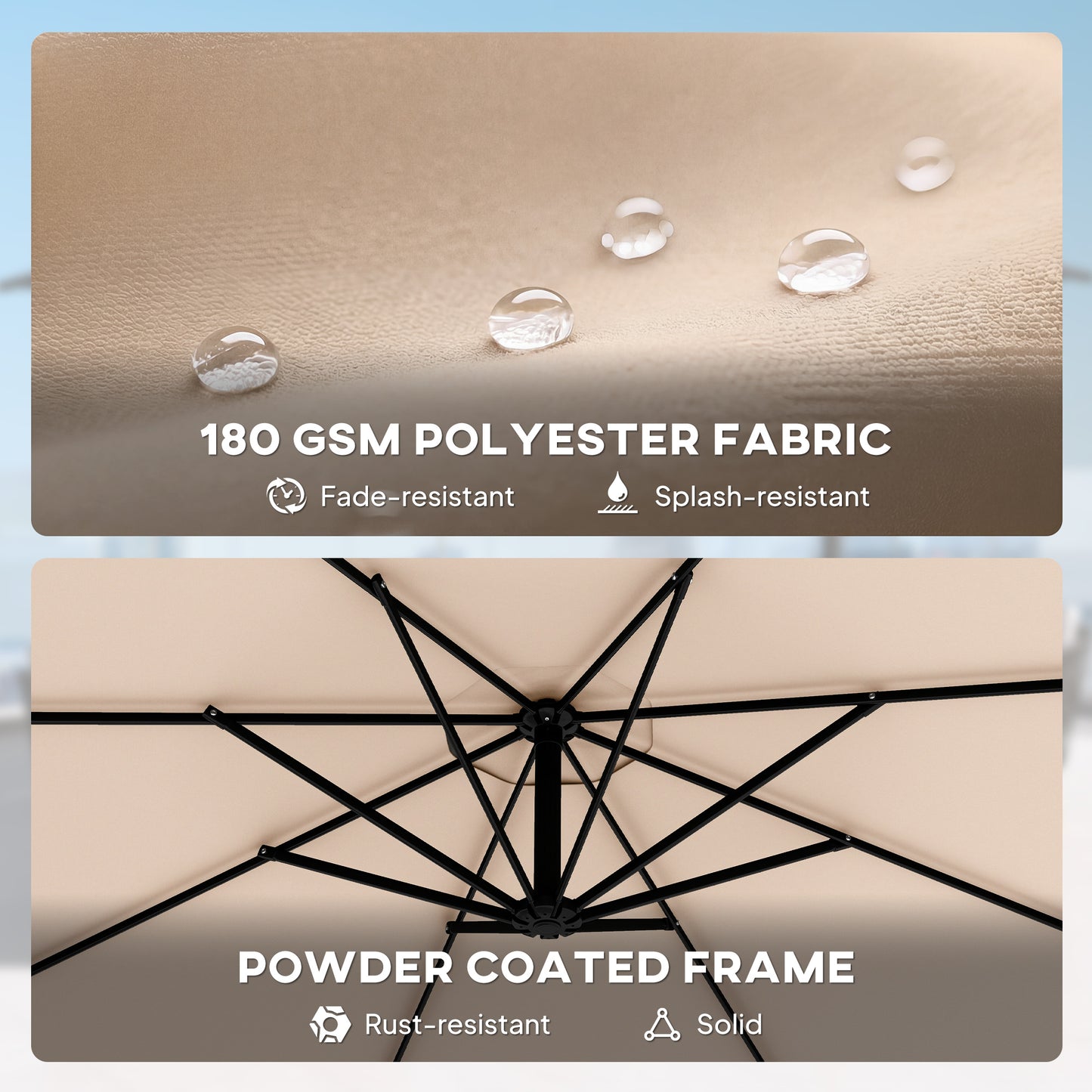 3 m Cantilever Parasol with Protective Cover and Wind Ropes, Banana Parasol with Crank Handle, Khaki