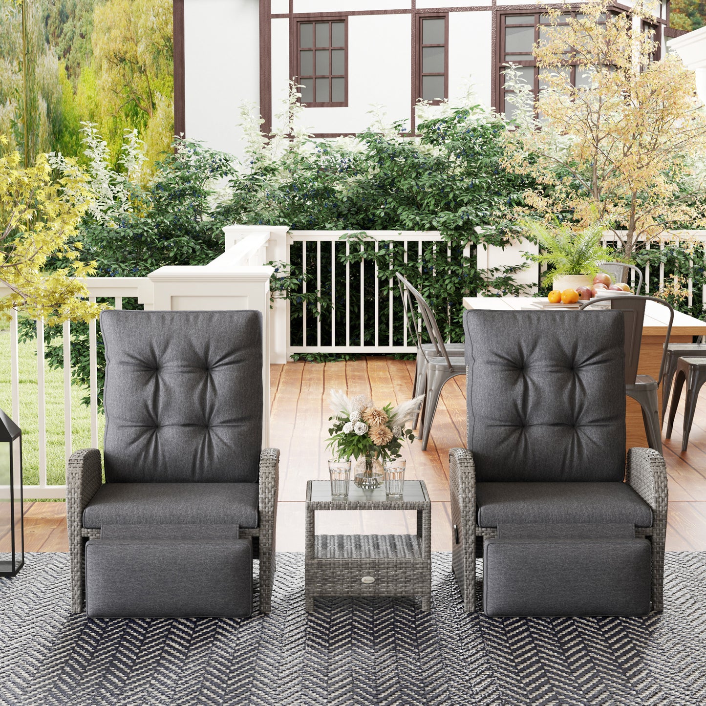 2 Seater Patio Rattan Wicker No Installation Chaise Lounge Sofa Set w/ Cushion for Patio Garden Porch, Grey