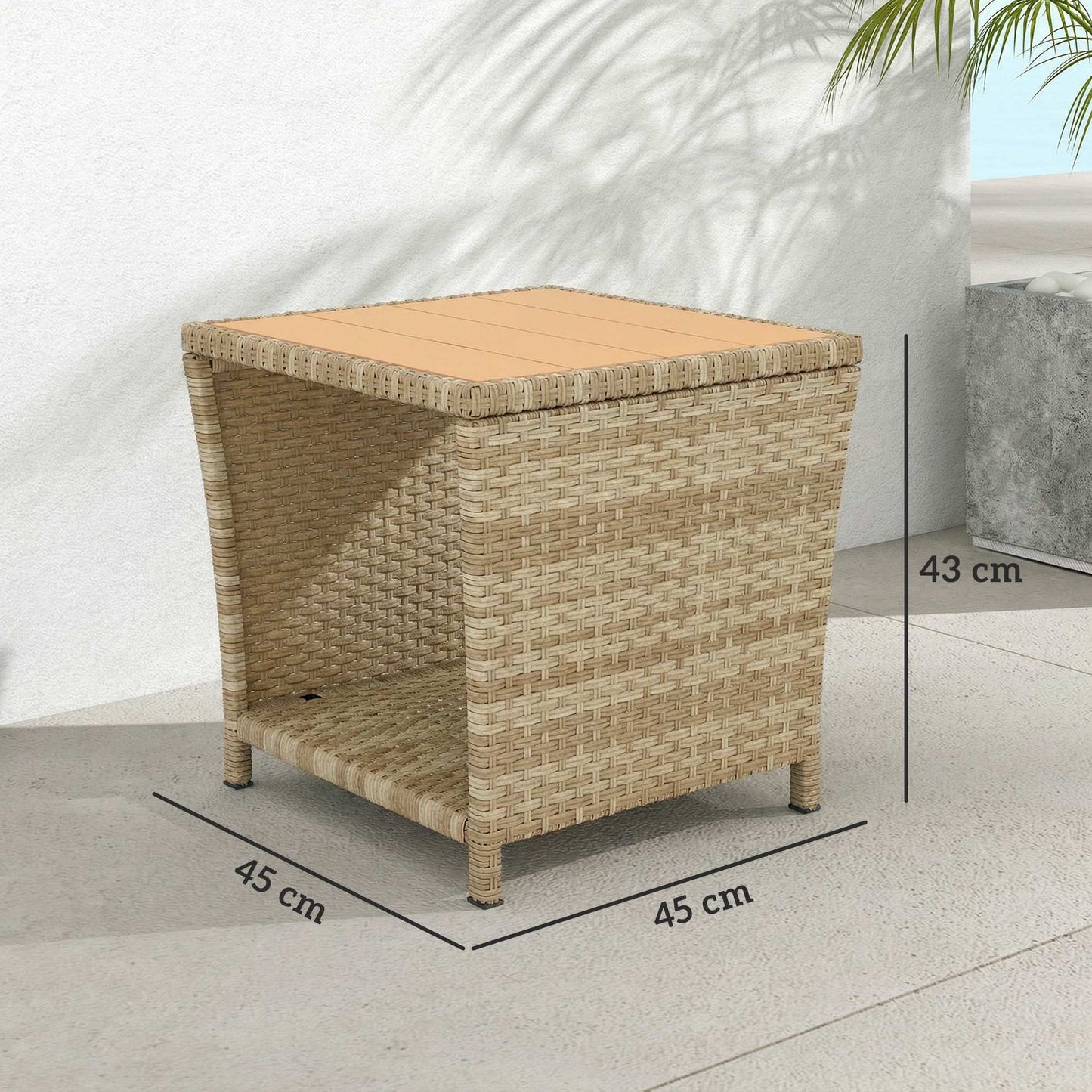 Side Table 2-Tier Outdoor Coffee Table with Storage Shelf PS Wood Slat Top/Khaki