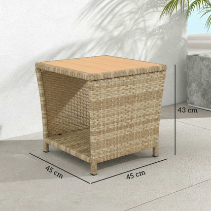 Side Table 2-Tier Outdoor Coffee Table with Storage Shelf PS Wood Slat Top/Khaki