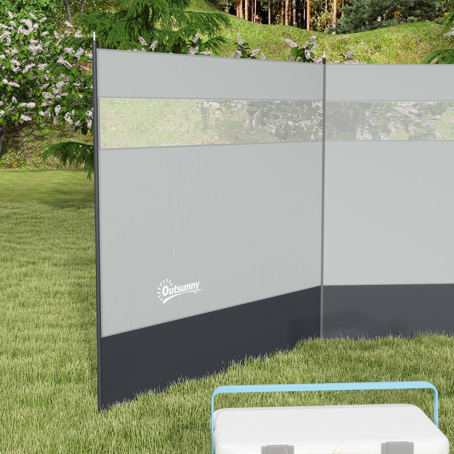 Camping Windbreaker with Clear Windows, Carry Bag and Steel Poles, for Beach Caravan Campervan, 440 x 140cm, Grey
