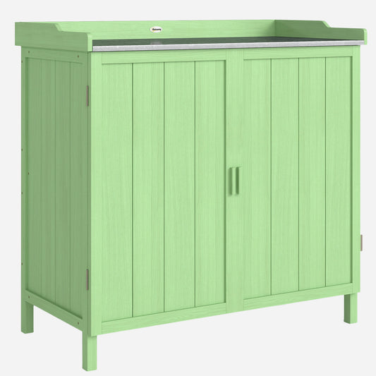 Wood Garden Storage Cabinet, Outdoor Tool Shed, Potting Bench Table with galvanised Top and Two Shelves for garden Tools or P
