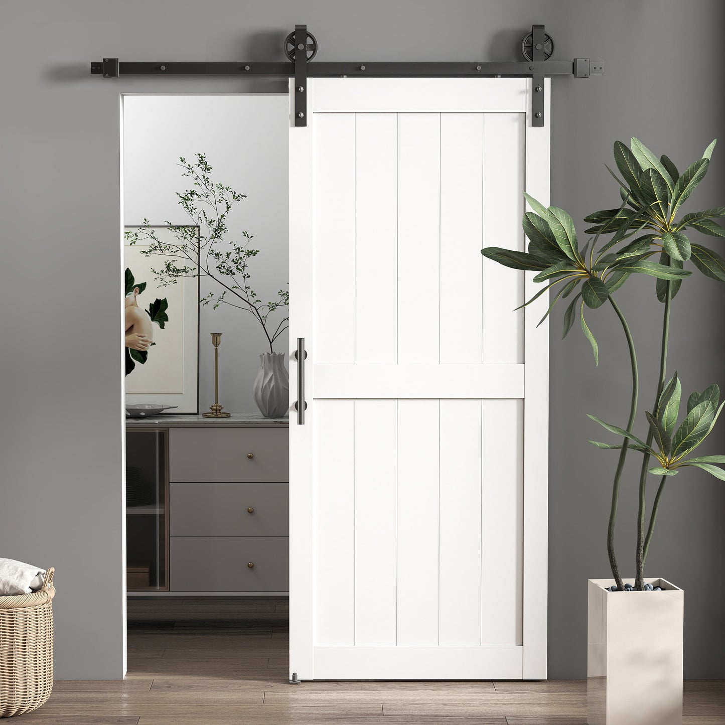 183cm Sliding Barn Door Kit, Sliding Door with Track, Hardware, Upgraded Rollers and Floor Guide, Handle, White