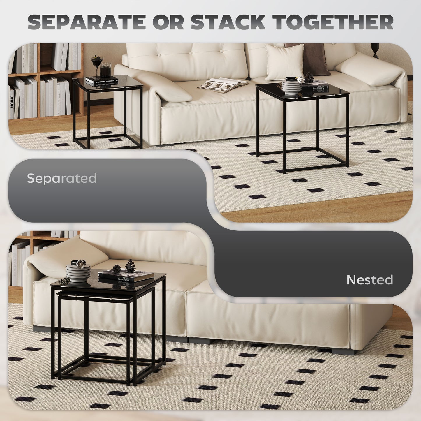 Nest of Tables, Set of 2 Coffee Table, Side Tables with Tempered Glass Desktop and Metal Frame for Living Room, Bedroom