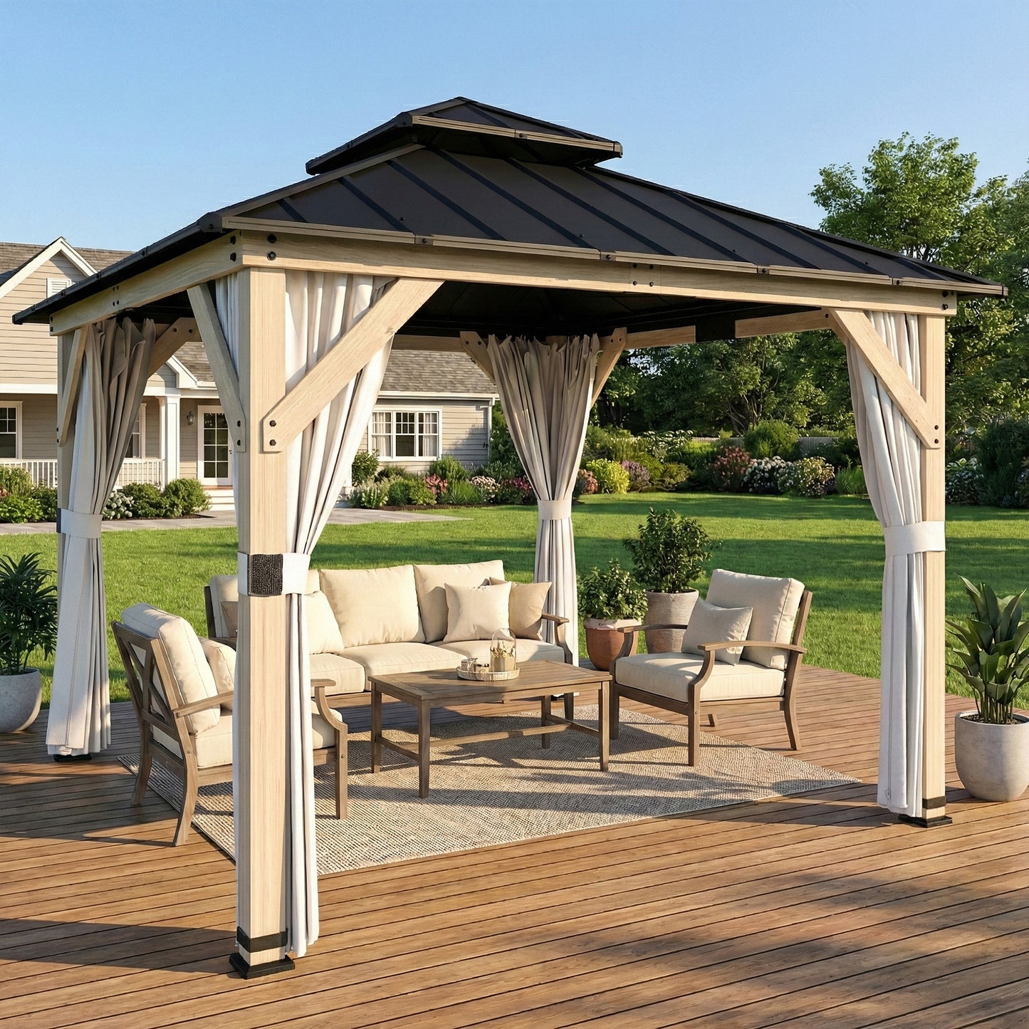 3 x 3 m Outdoor Hardtop Gazebo Canopy with 2-Tier Steel Roof, Wood Garden Gazebo with Curtains, Light Grey