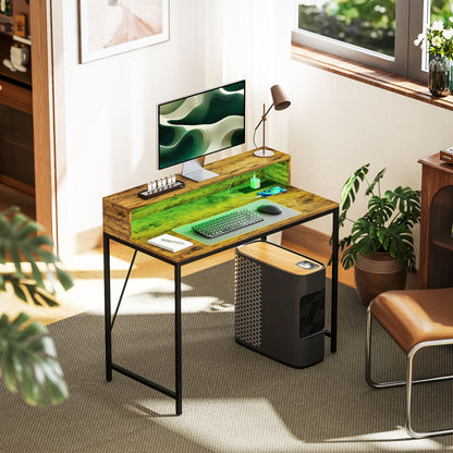 100cm Computer Desk with LED Lights and Power Outlets, Gaming Desk with Monitor Stand, Computer Table