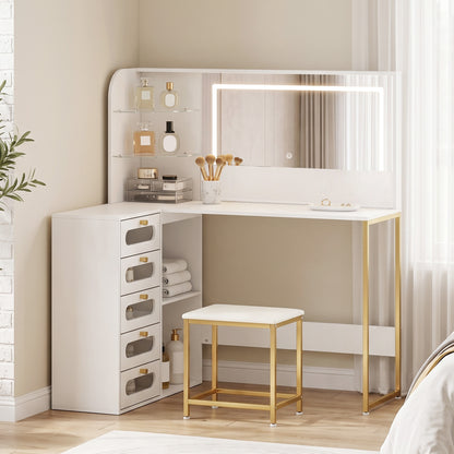 Dressing Table with LED Mirror and Stool, L-Shaped Vanity Desk with Drawers and Shelves, White