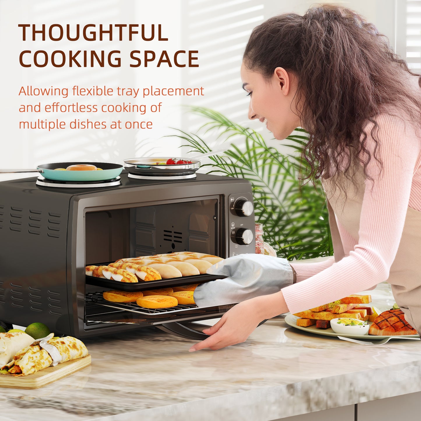 36L Small Oven with 2 Hot Plates, Countertop Toaster Oven, Grill, Roast, Bake, Boil, with Timer, Adjustable Temperature