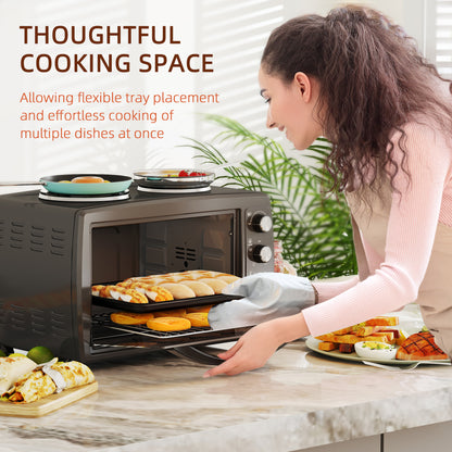 36L Small Oven with 2 Hot Plates, Countertop Toaster Oven, Grill, Roast, Bake, Boil, with Timer, Adjustable Temperature