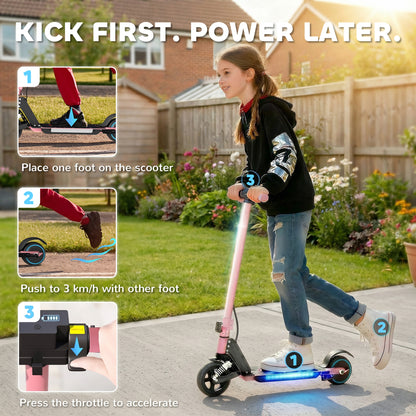 Folding Electric Scooter for Kids, with Dual Brakes, Front Suspension, LED Colourful Lights, Pink