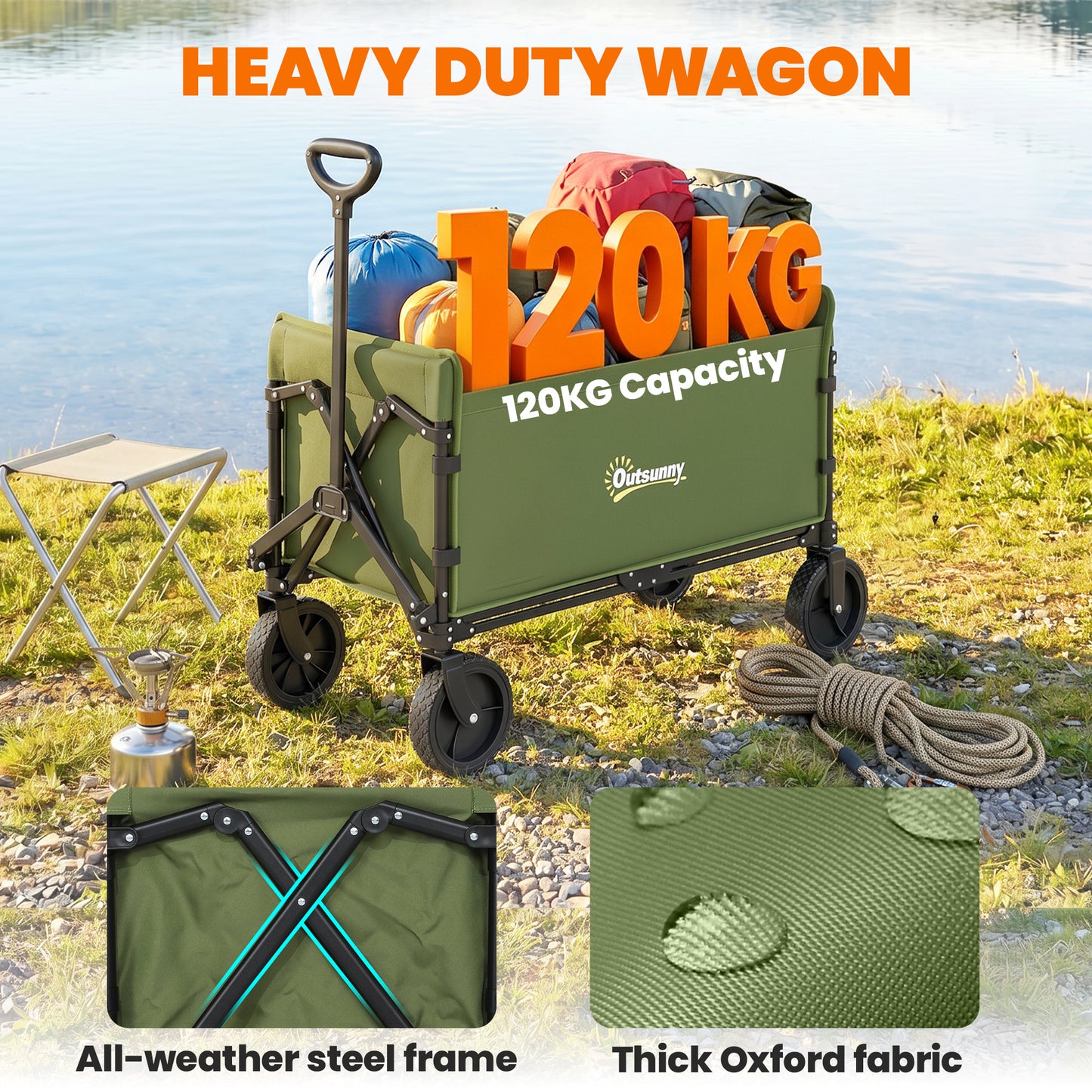 180L Festival Trolley on Wheels, Folding Compact Camping Trolley Cart with Adjustable Handle, 120 KG Capacity for Garden