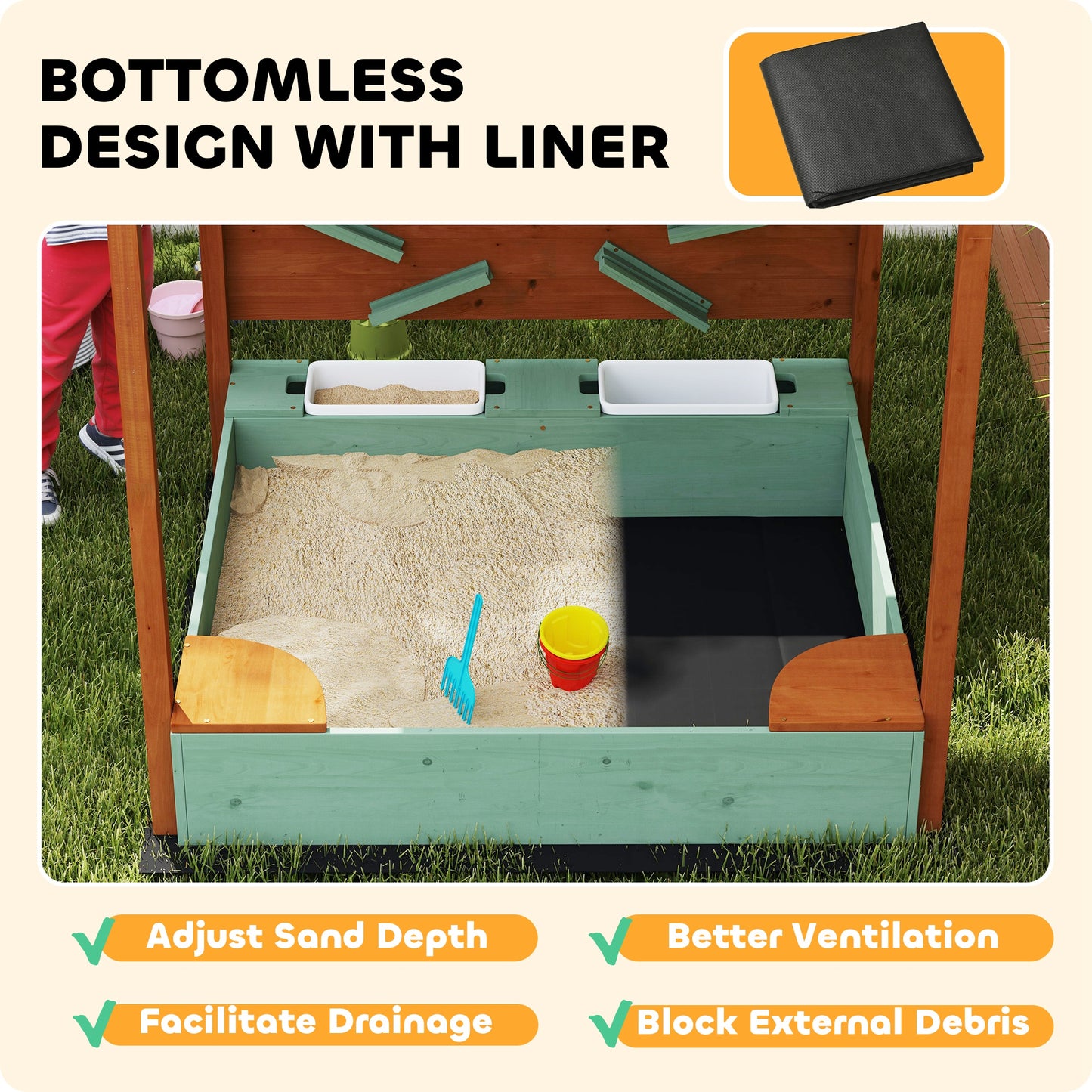 Wood Sandpit with Canopy, Storage Bins, Funnel, Liner, Chutes, Bucket with Tap, 116 x 112.5 x 128 cm, Green