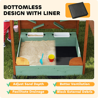 Wood Sandpit with Canopy, Storage Bins, Funnel, Liner, Chutes, Bucket with Tap, 116 x 112.5 x 128 cm, Green