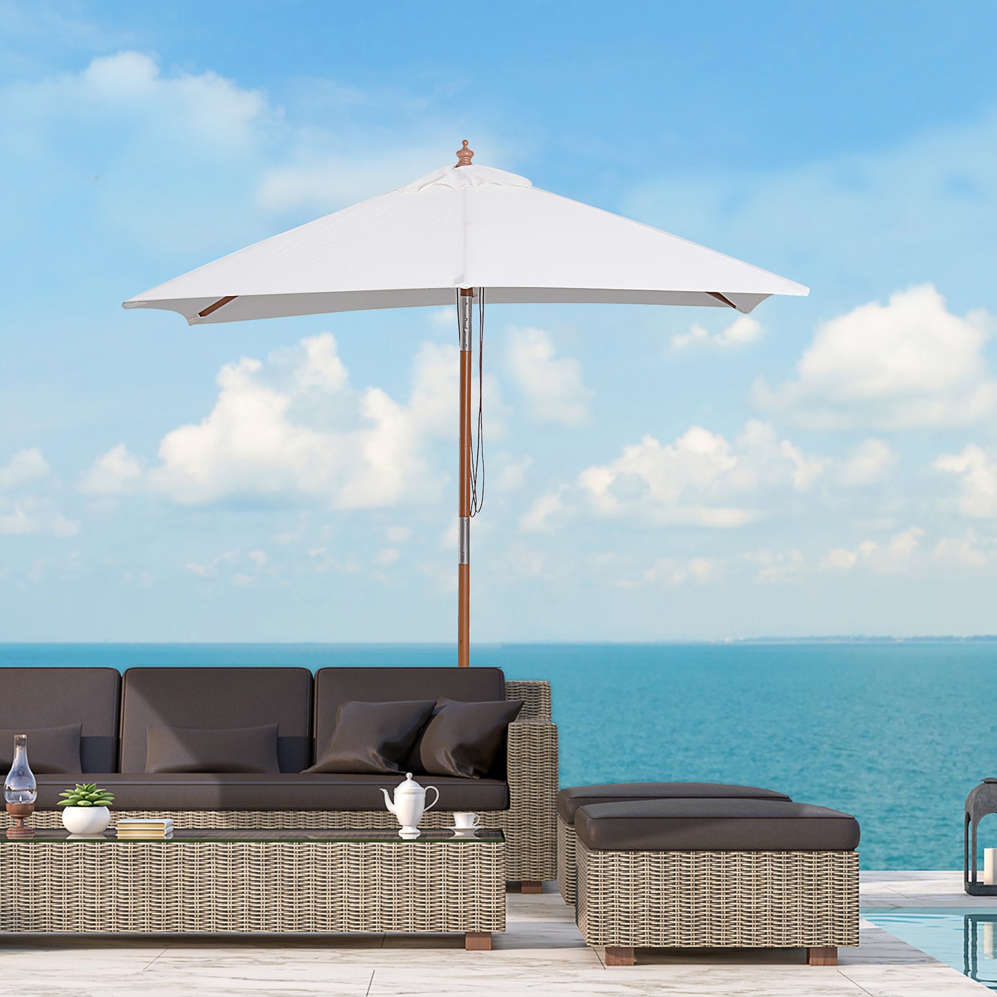 2m x 1.5m Garden Parasol Umbrella with Tilting Sunshade Canopy, Outdoor Market Table Umbrella with Wood and Bamboo Frame