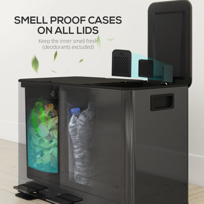 3 x 15L Pedal Bin, Steel Triple Kitchen Bin with Soft Close Lid, Removable Inner Buckets, Fingerprint-Proof, Black