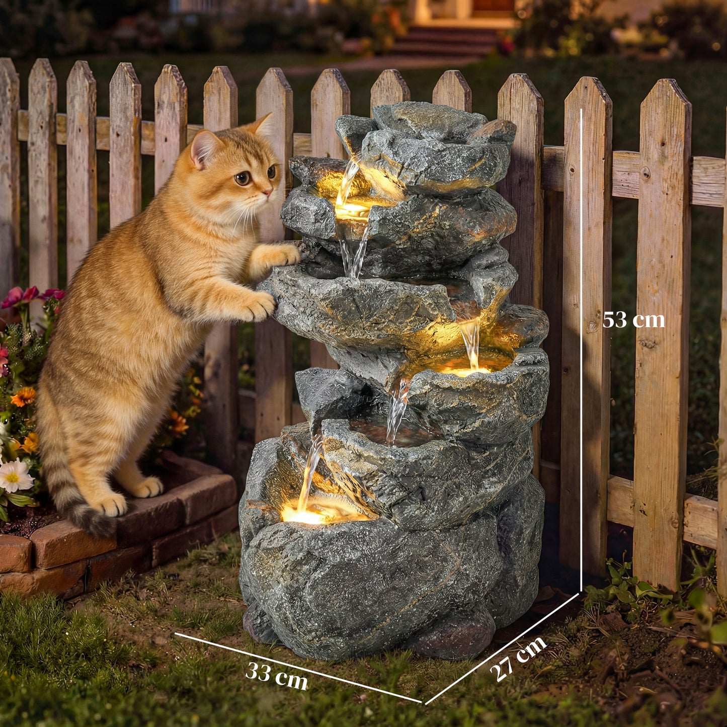 Outdoor Water Fountain with 6-Tier Rock Style, Cascading Waterfall Feature with LED Lights, Adjustable Flow, Grey