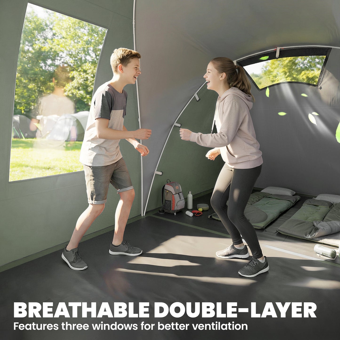 Family Camping Tent 3000mm Waterproof Windproof Tunnel Tent 6 Person Two Bedrooms Green
