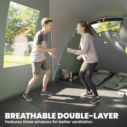 Family Camping Tent 3000mm Waterproof Windproof Tunnel Tent 6 Person Two Bedrooms Green