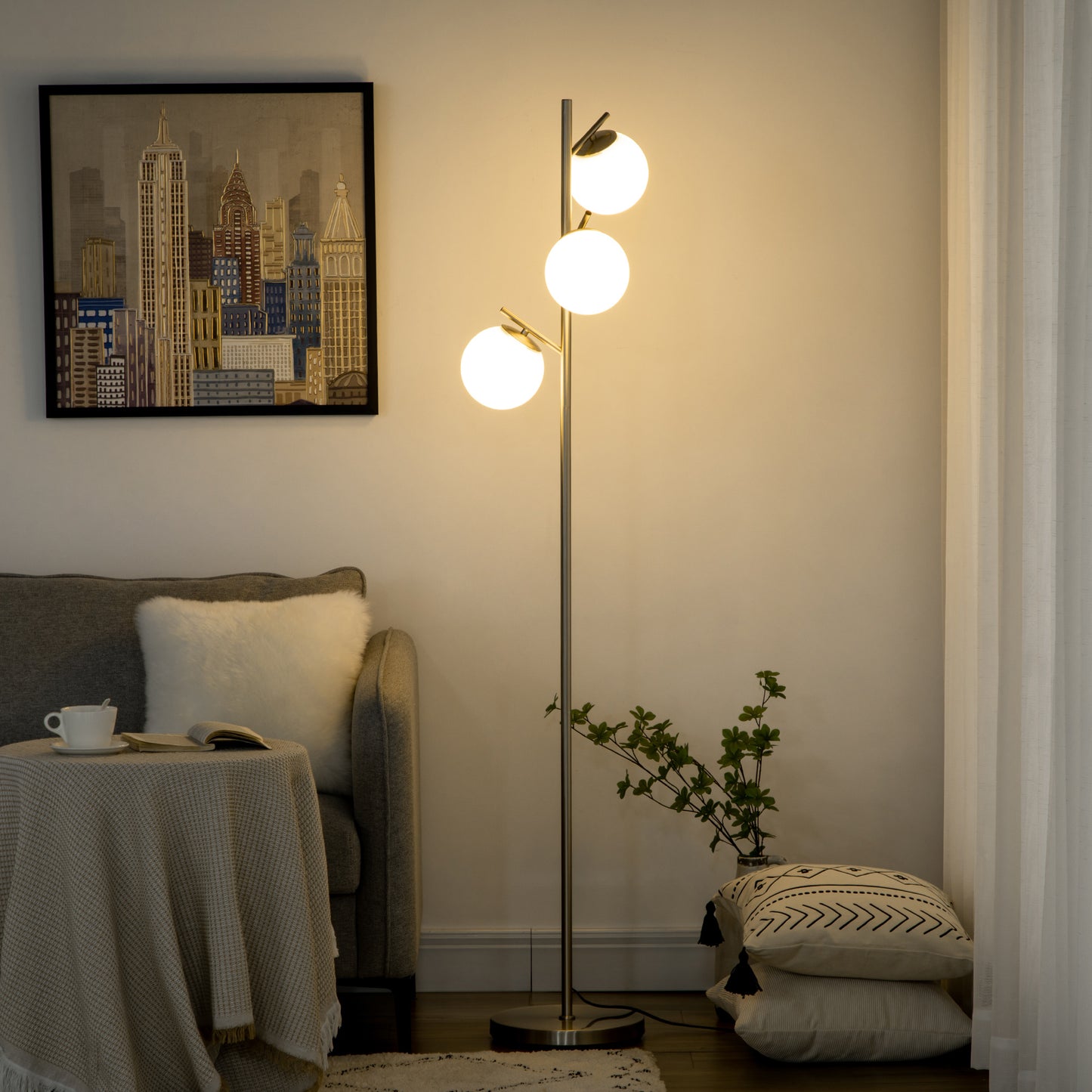 3-Light Tree Floor Lamps for Living Room, Modern Standing Lamp for Bedroom with Globe Lampshade, Steel Base