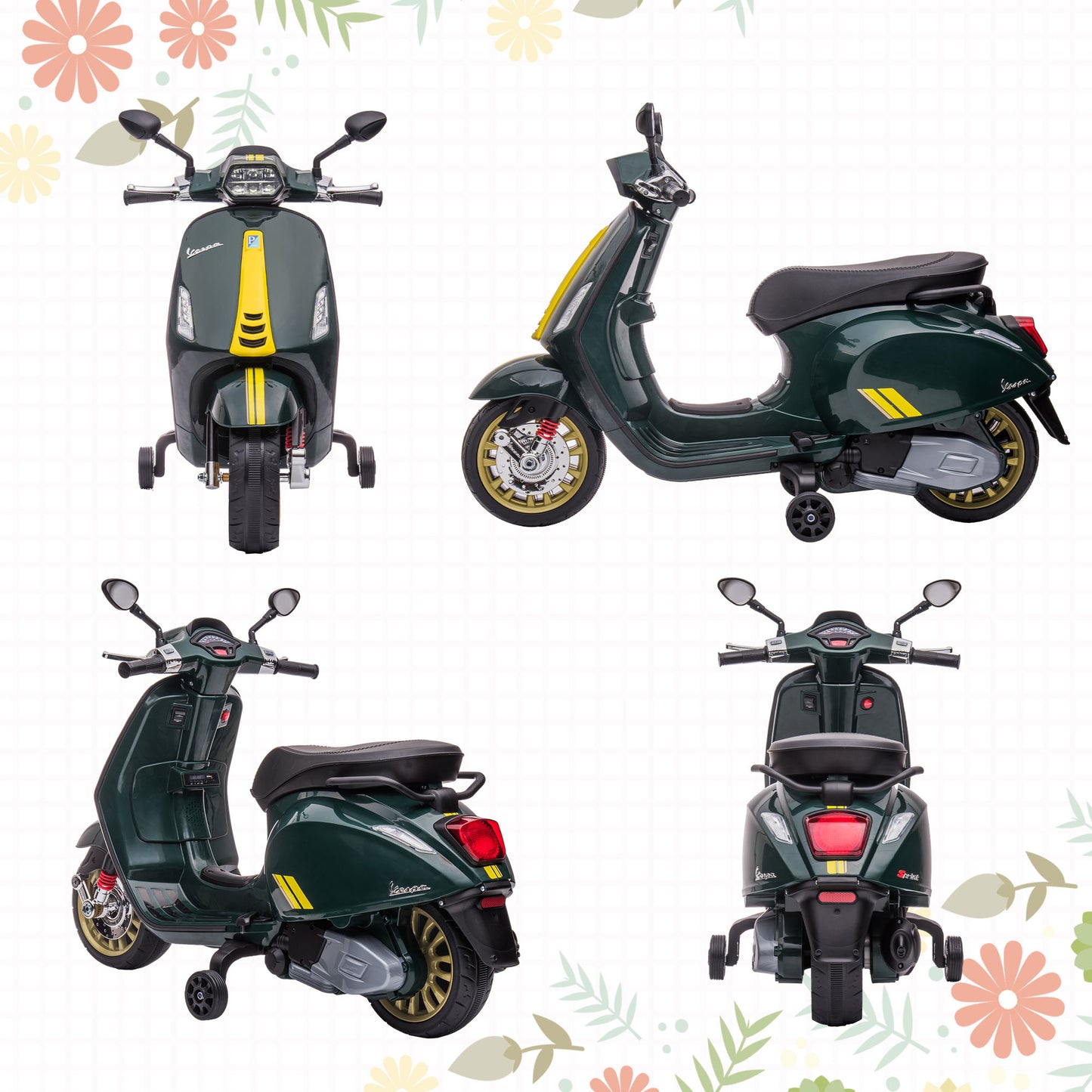 12V Vespa Licensed Kids Electric Motorbike w/ Music, Lights, FM Radio, for 3-6 Years - Green