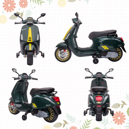 12V Vespa Licensed Kids Electric Motorbike w/ Music, Lights, FM Radio, for 3-6 Years - Green