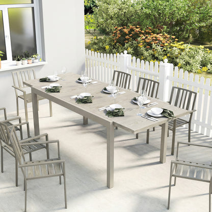 Extending Garden Table, Aluminium Outdoor Dining Table for 8-10 with Wood-Like Grained Surface, Light Grey Wood Effect