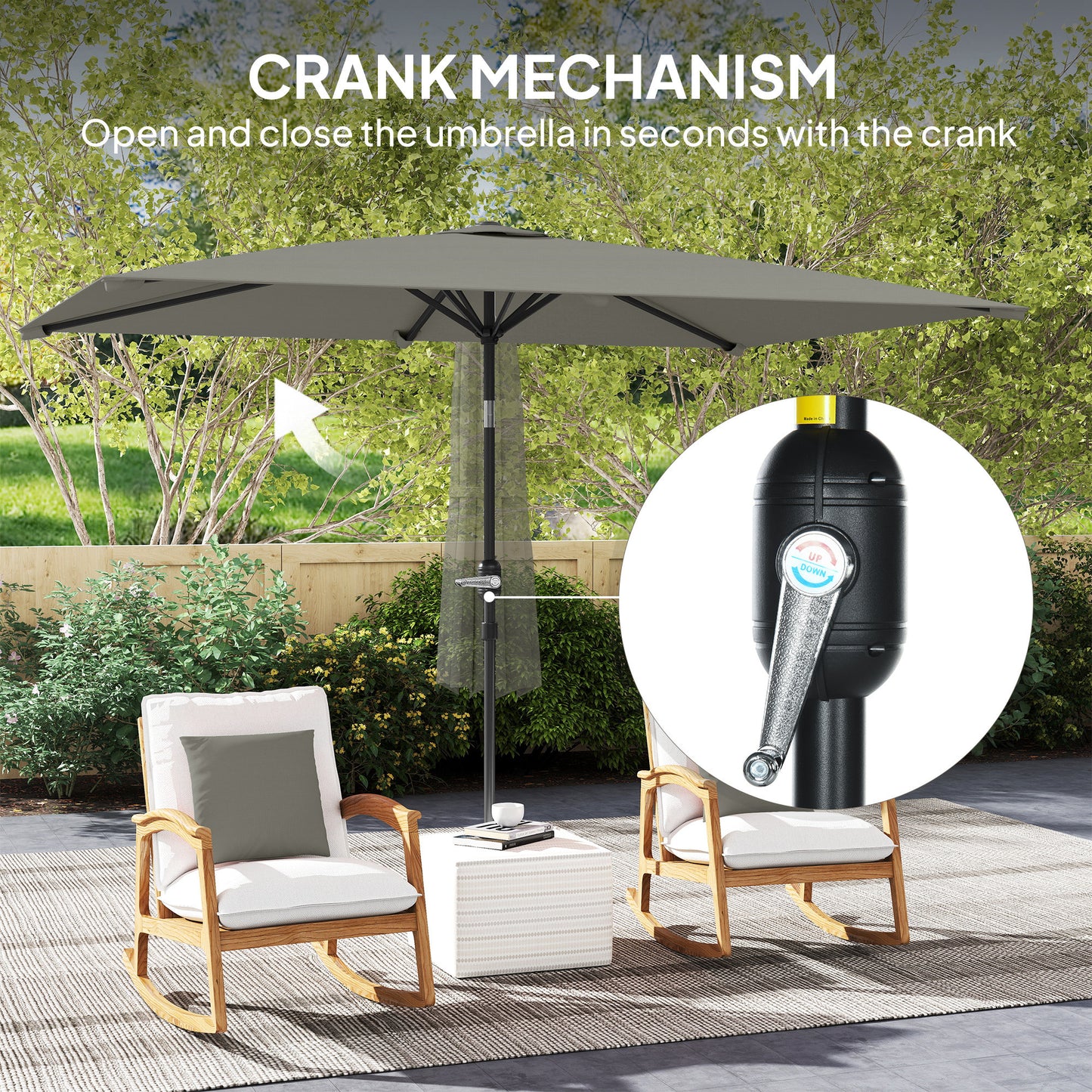 3x2m Garden Parasol Umbrella with Aluminium Pole, Tilt and Crank, Rectangular Outdoor Table Parasol Sun Shade for Patio