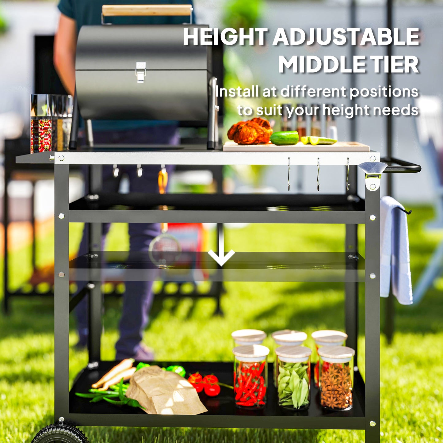 BBQ Trolley with Stainless Steel Top Adjustable Shelf, Outdoor Kitchen Barbecue Station with Hooks Seasoning Tray Towel Rack