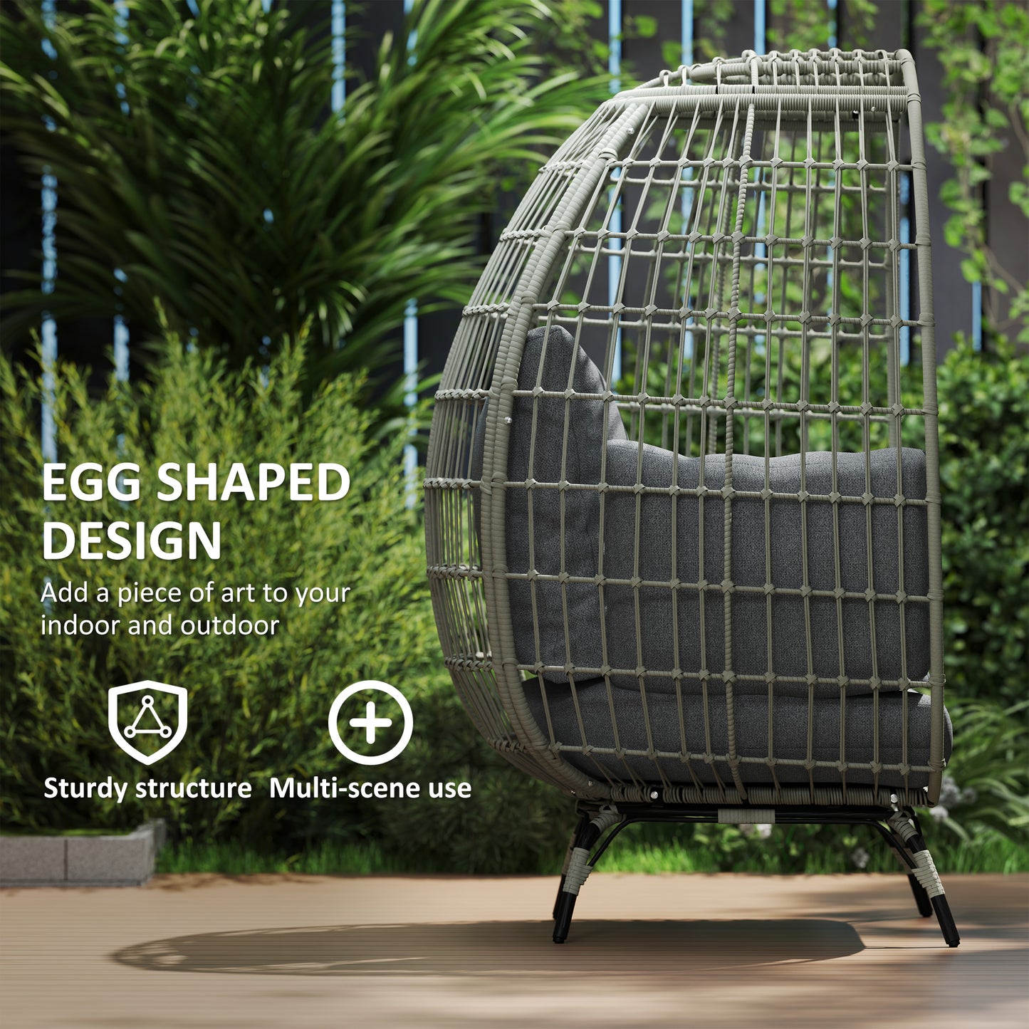 Rattan Egg Chair with Cushions and Pillows, Charcoal Grey
