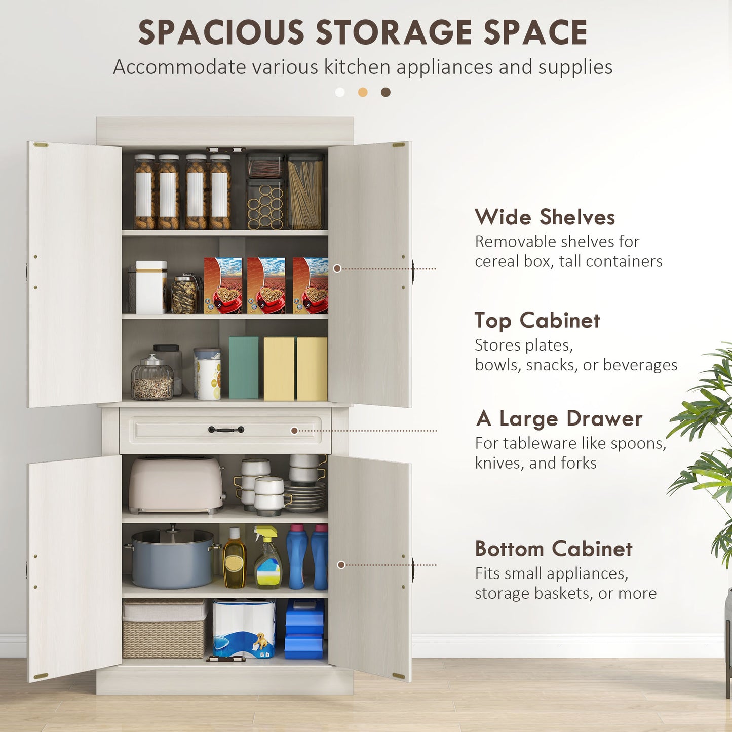 Tall Kitchen Cupboard, Kitchen Pantry Cabinet with 6 Shelves and Drawer, Cream White