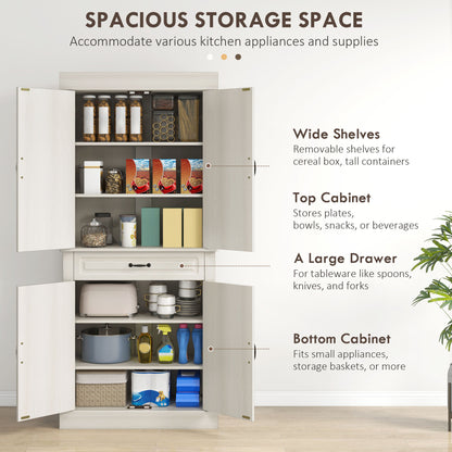 Tall Kitchen Cupboard, Kitchen Pantry Cabinet with 6 Shelves and Drawer, Cream White
