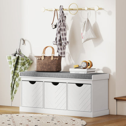3-Drawer Padded Shoe Bench with Breathable & Washable Linen-look Cover, White