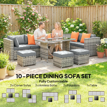 10 Piece Rattan Garden Furniture Set, 3 Corner Sofas with 3 Chairs, 3 Stools and Coffee Table, Outdoor Patio Furniture