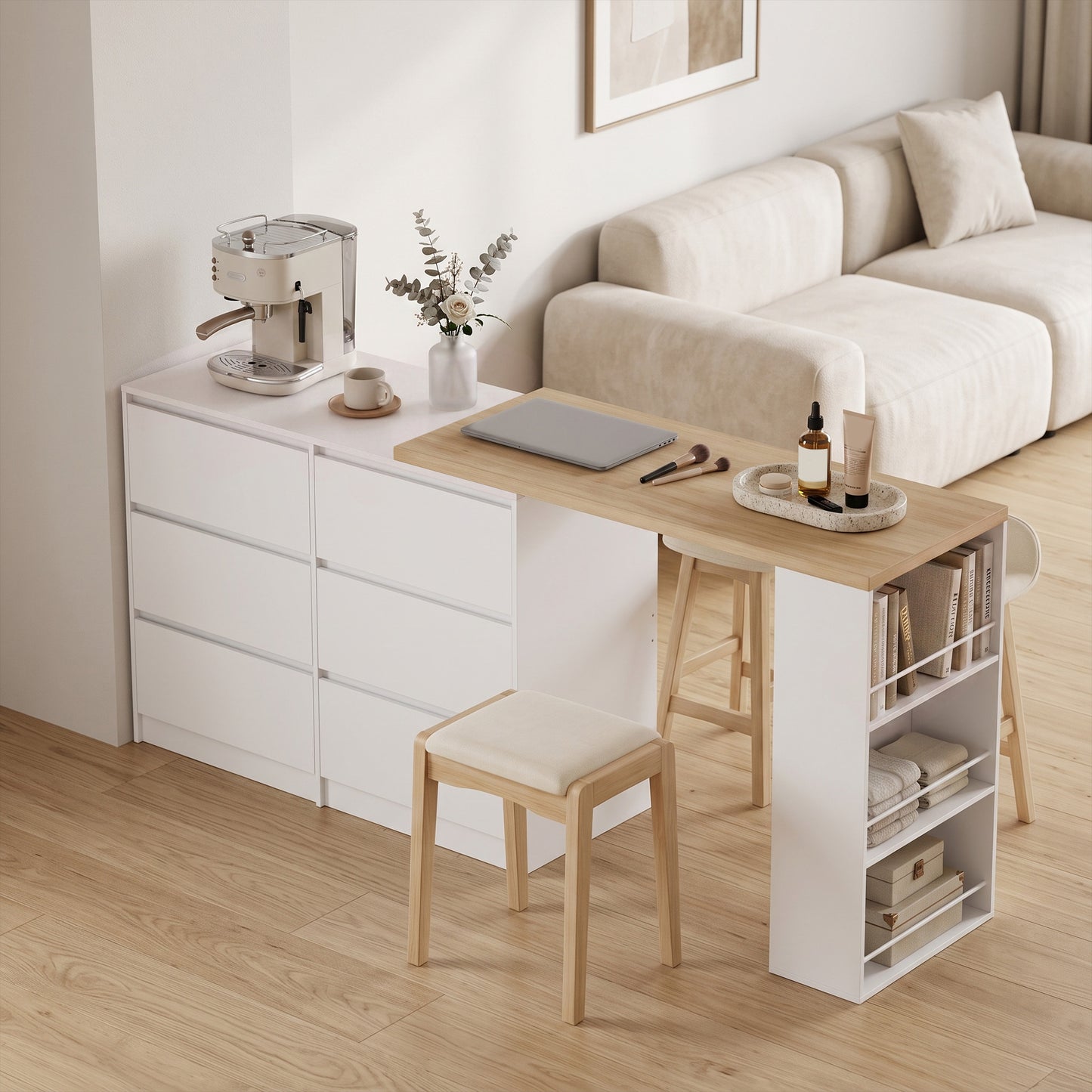 Vanity Table, Dressing Table with 6 Drawers and 3-Tier Shelf for Women and Girls, White