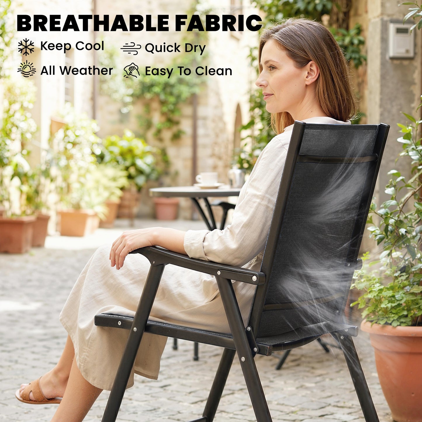 Folding Garden Chairs Set of 4 with High Back, Armrests, Texteline Seat, Black