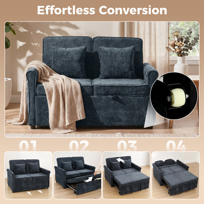 2 Seater Sofa Bed 3-in-1 Convertible Chenille Pull Out Sleeper Sofa with 5-Position Adjustable Backrest, Dark Blue