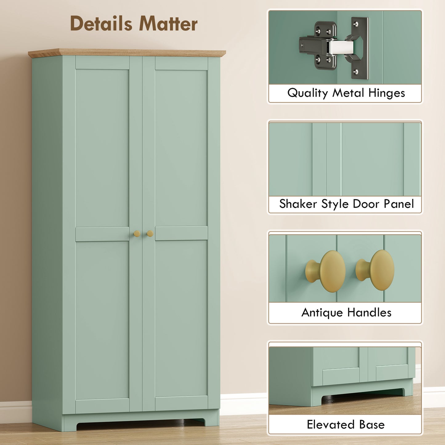 Kitchen Cupboard, 172cm Freestanding Storage Cabinet with Doors and Shelves, Light Green