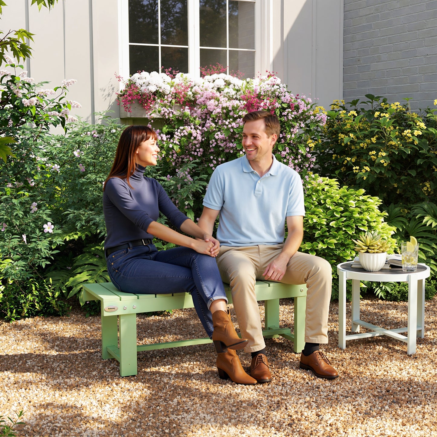 Wooden Garden Bench, Backless Outdoor Loveseat with Slatted Seat, Light Green