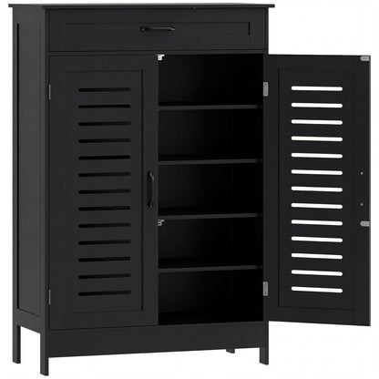 Shoe Cabinet with Louvered Doors, Modern Shoe Storage Cabinet with Drawer and Adjustable Shelves, Black
