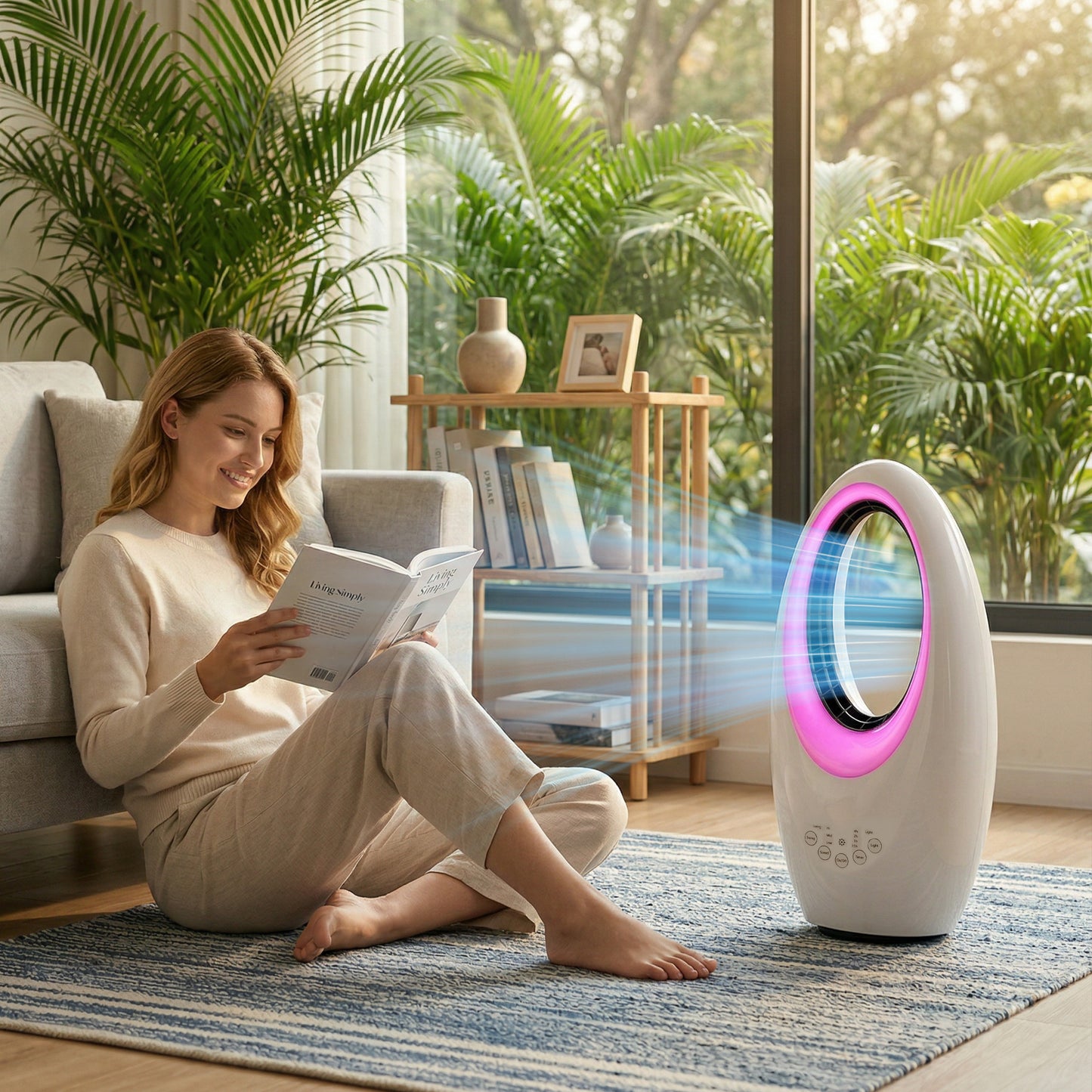 Bladeless Tower Fan, 36dB Standing Cooling Fan with 60° Oscillating, LED Lights, 3 Speeds, 7.5H Timer, Remote Control