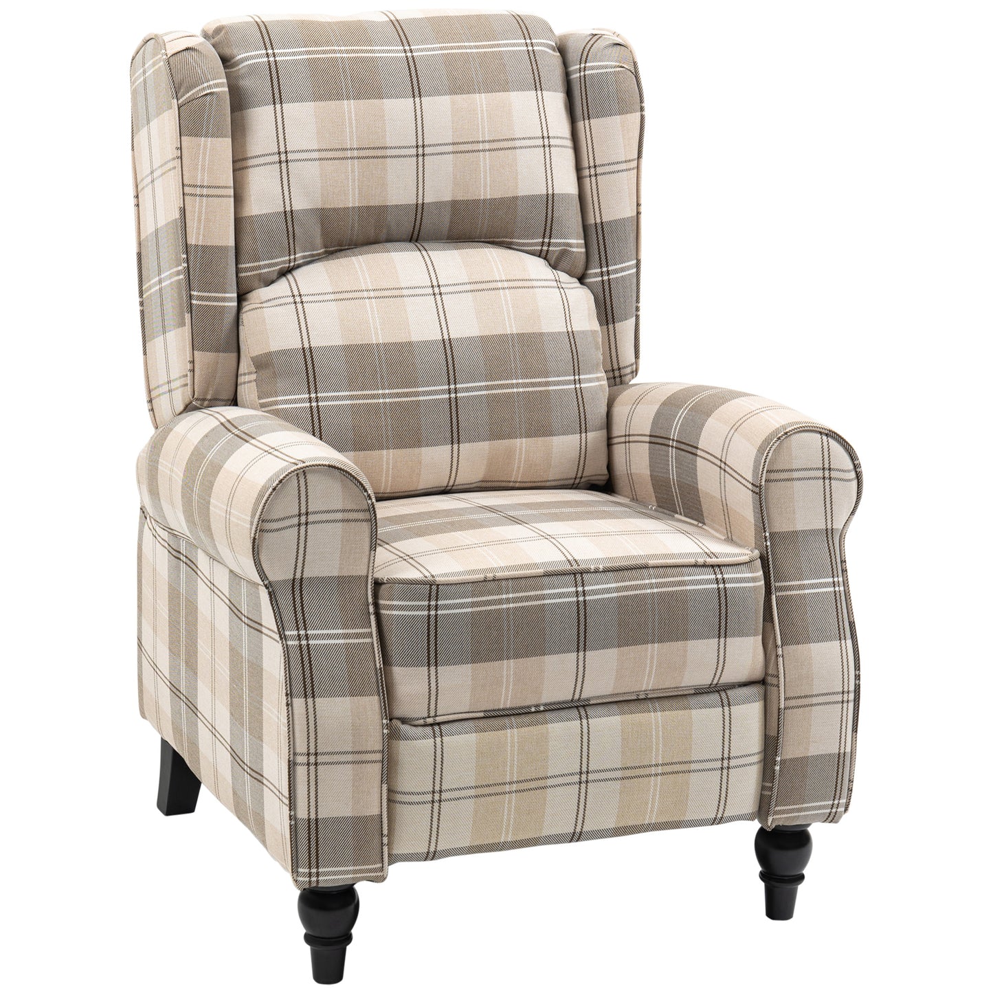 Wingback Recliner Armchair for Living Room, Pushback Reclining Chair with Round Armrests, Footrest and Rubber Wood Legs