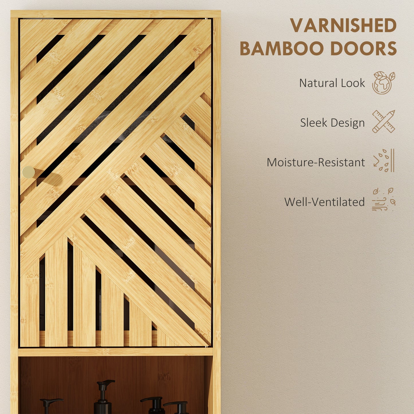 Multi-Storage Bamboo Door Bathroom Cabinet - Natural Finish