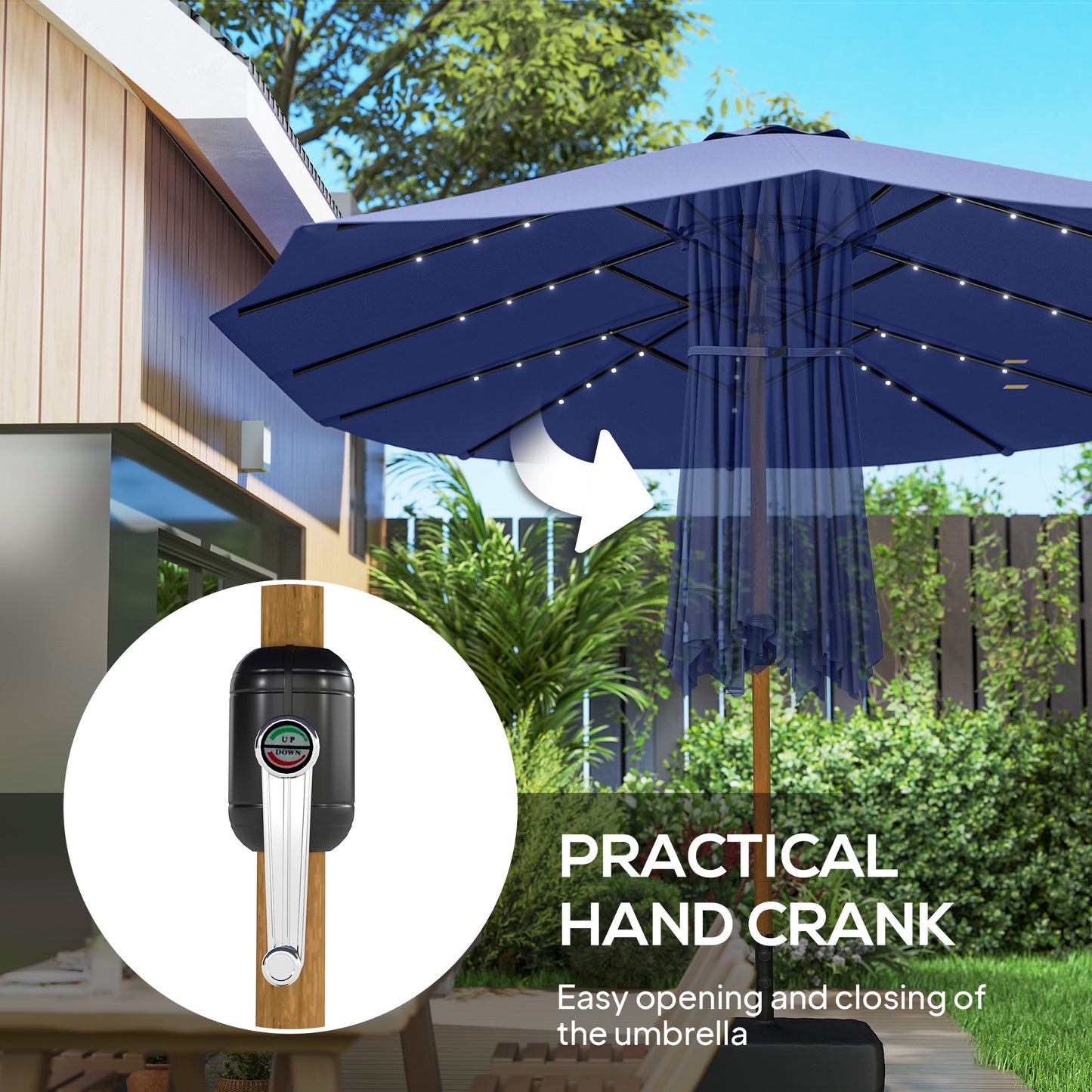 Double Sided Garden Parasol with Base Included & 48 Solar LED Lights Patio Umbrella Crank Handle 4.6m Dark Blue
