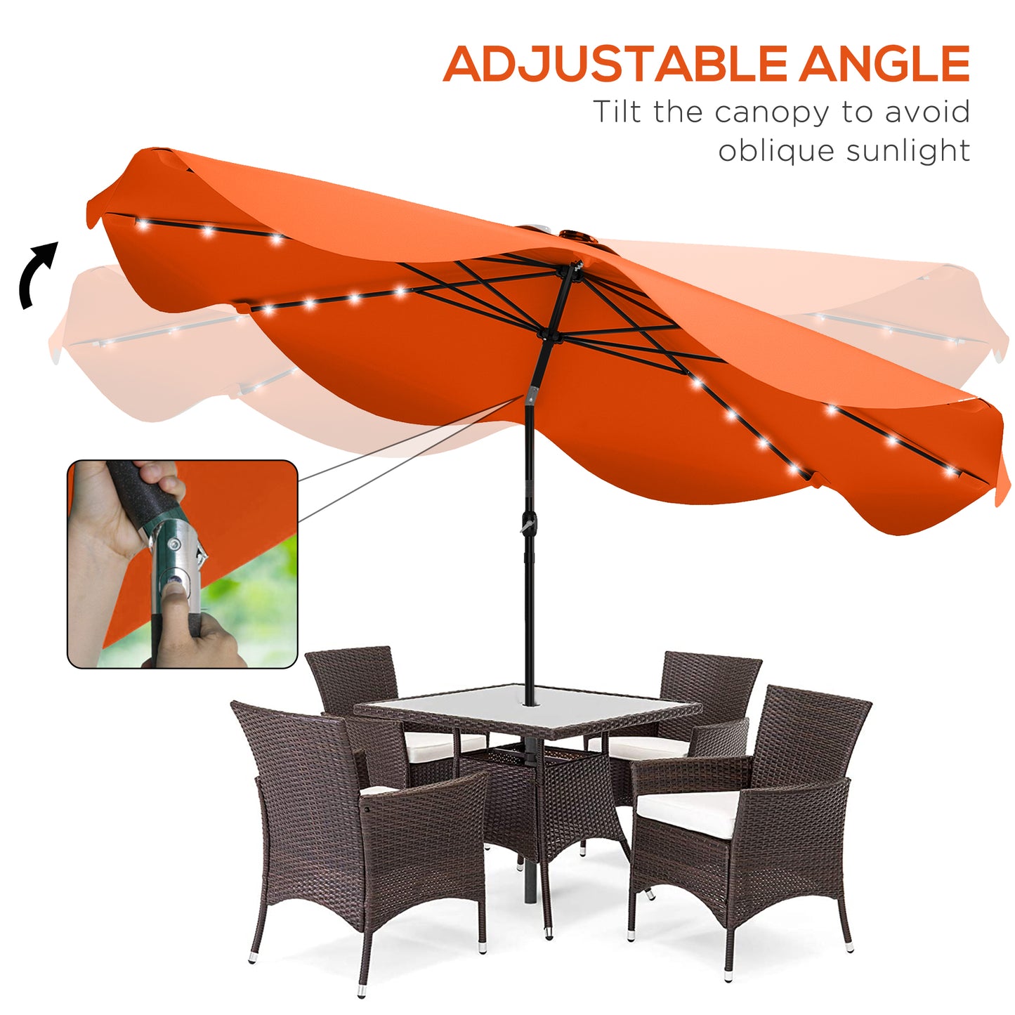 Solar Patio Umbrella with LED and Tilt, Outdoor Market Table Umbrella Parasol with Crank, 3 x 3 (m), Orange