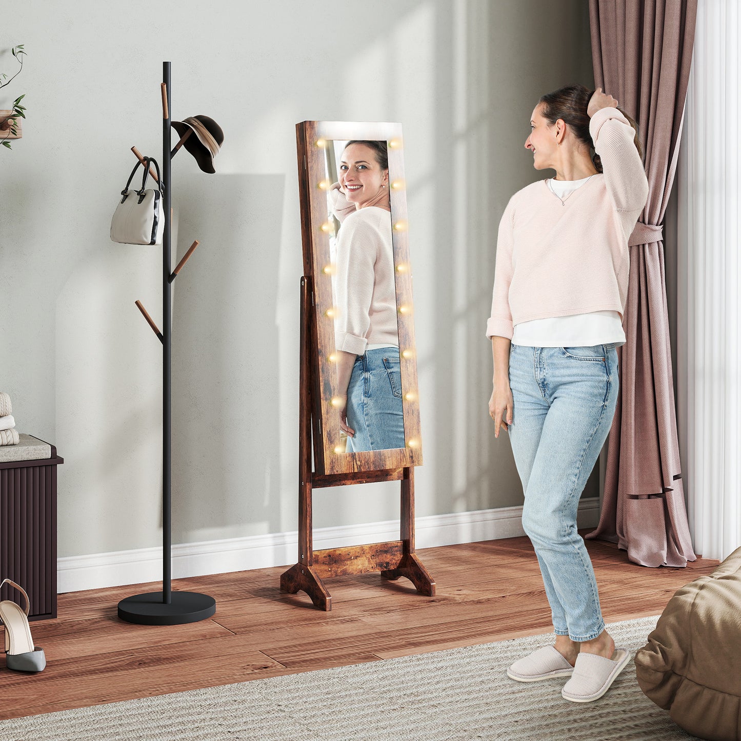 Freestanding Mirrored Jewellery Storage Cabinet - Wood-Effect