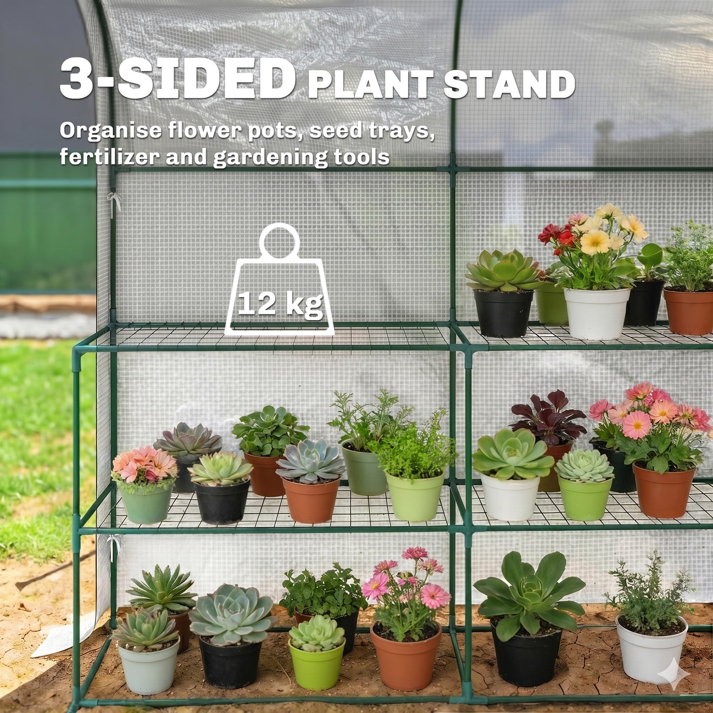Walk-in Greenhouse with Shelves, Small Greenhouse with PE Cover and Roll-up Door, 123 x 187 x 189 cm, White