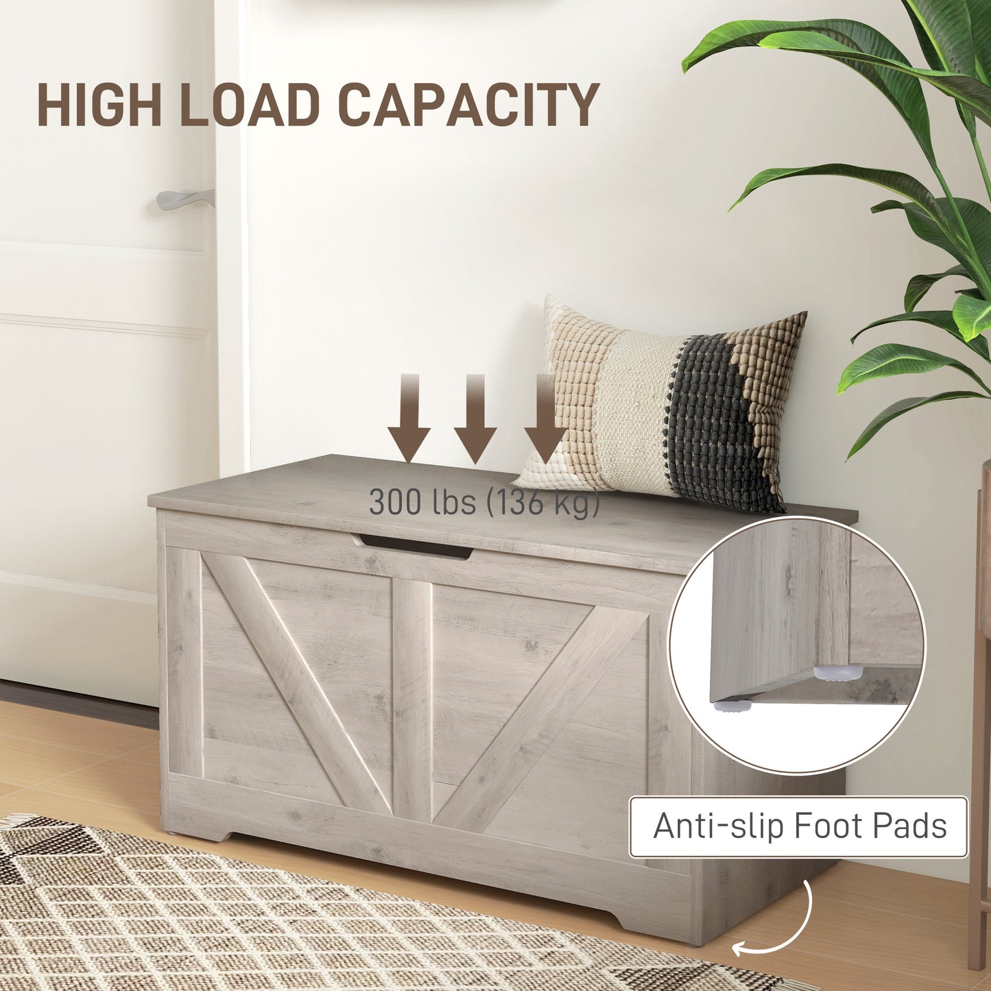 100L Home Storage Box, with Safety Hinge - Grey Wood-Effect
